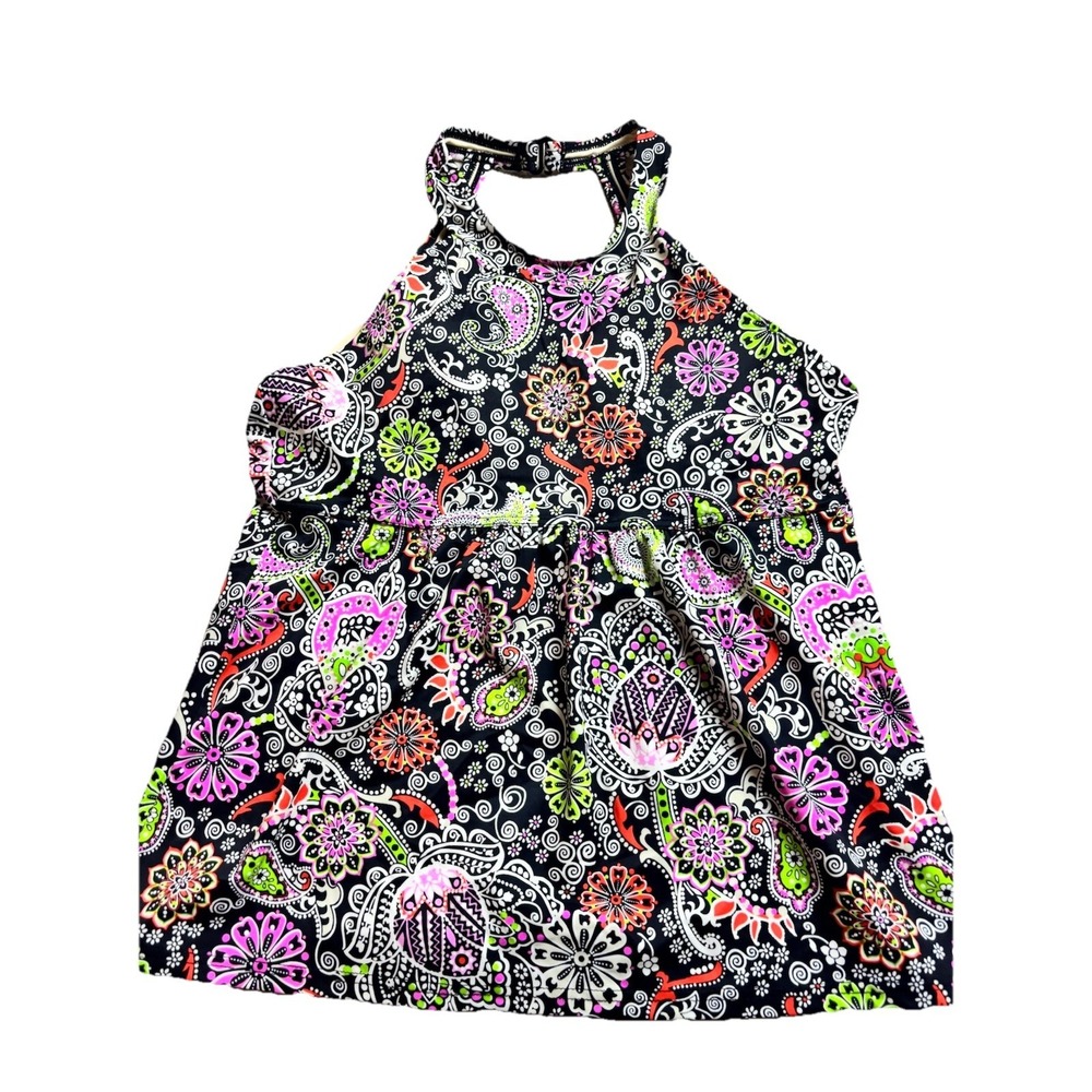 A Shore Fit Womens Size 8 Tankini SwimTop Black Multi-Color Floral Padded Beach
